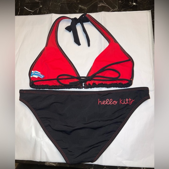Adorable Hello Kitty string bikini. Exc condition. XL top, L bottoms. Black/red. - Picture 3 of 8